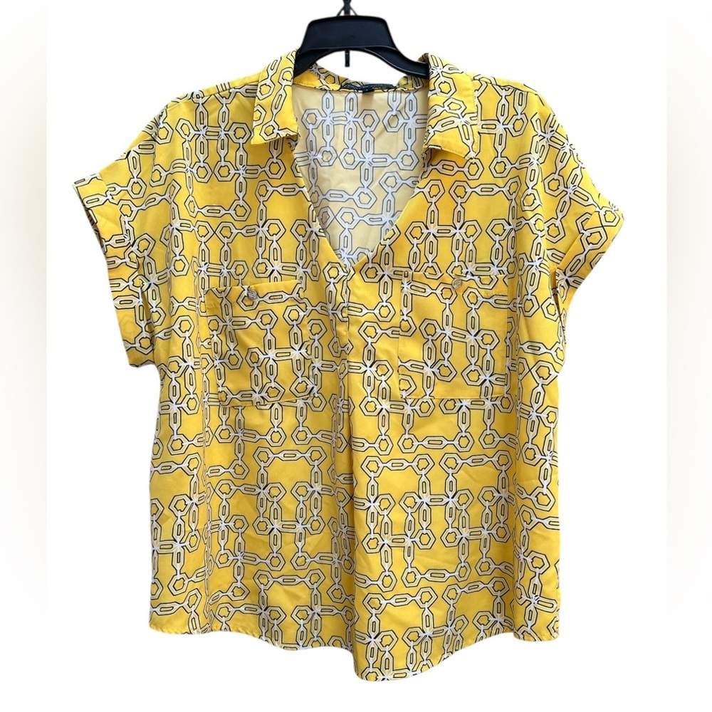 Yellow with Black and White Geometric Print Pullover V-Neck Women’s Top Size XL